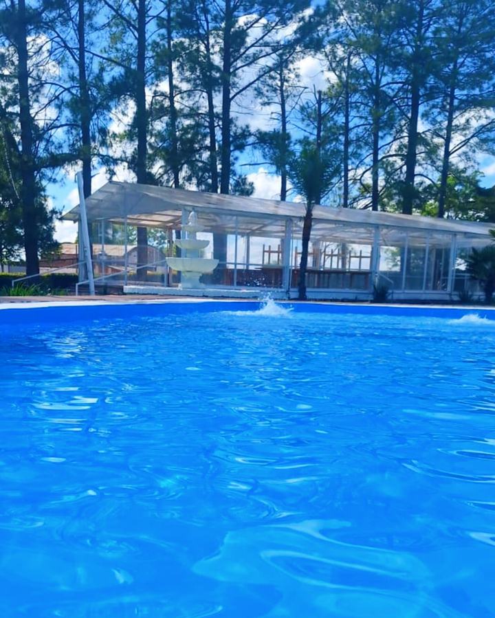 Piscina con fuente y salón vidriado detrás